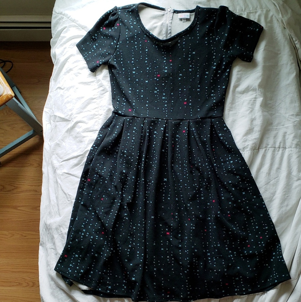 LulaRoe Dress, L, black w/ light blue/red pattern